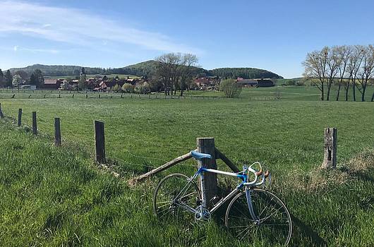 Fahrrad lehnt am Weidezaun vor einer Wiese