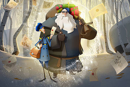 Animierter Weihnachtsmann und Postbote im verschneiten Wald